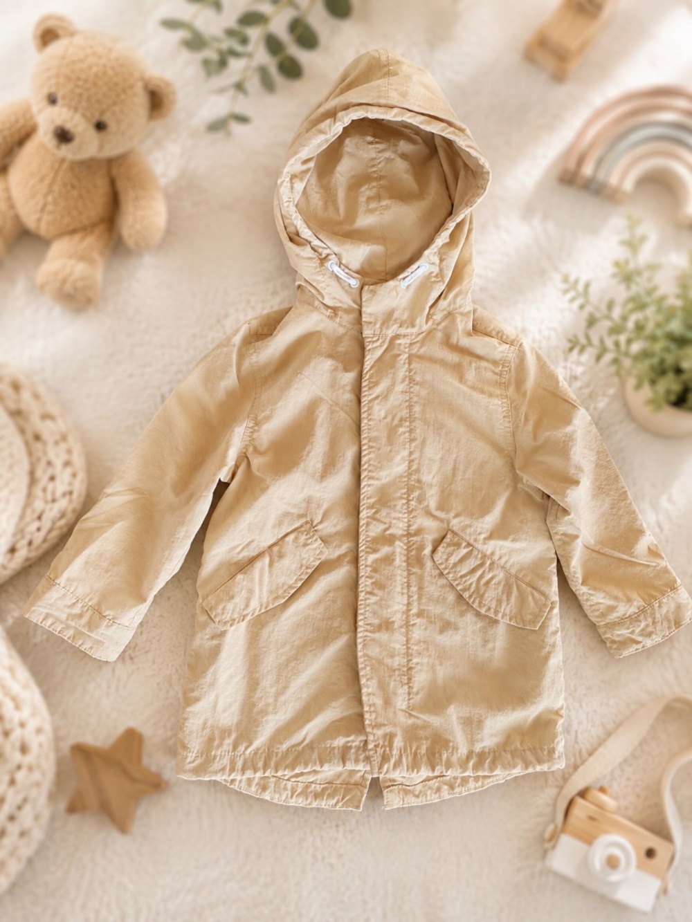 Zara Kids Packable Hooded Parka Jacket Beige Size 2-3Y